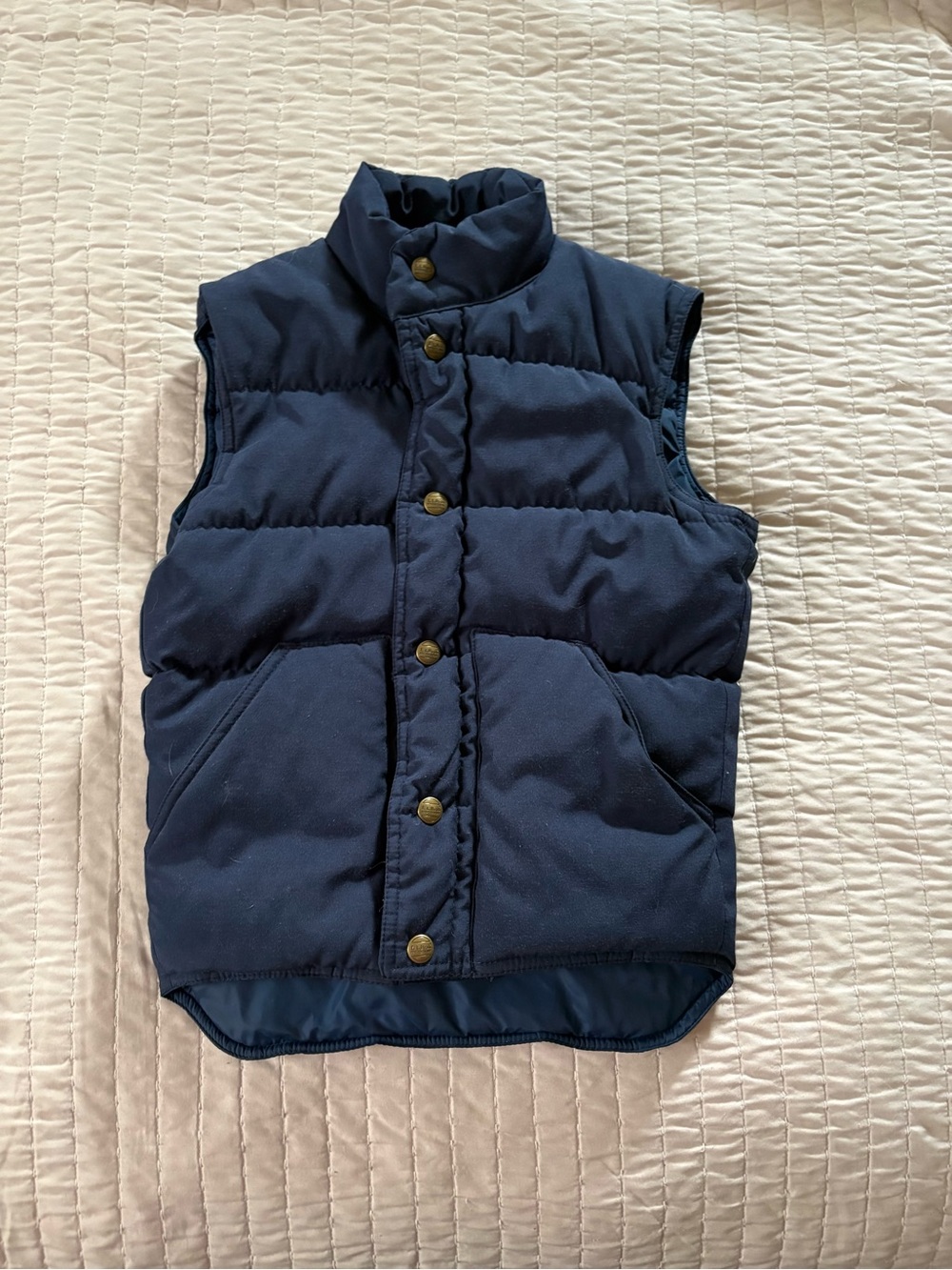 Vintage LL Bean Youth SM Quilted Navy Puffer Vest with Brass Snap Buttons
